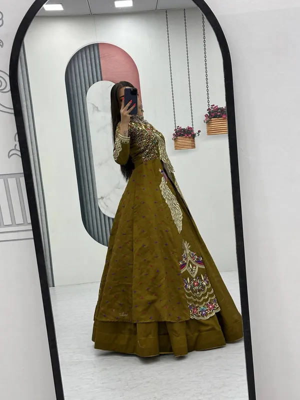Rajkanika_Olive_Green_Embroidered_Long_Jacket_Style_Lehenga_Choli_Set