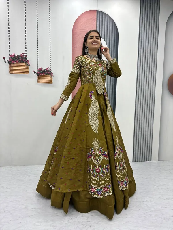 Rajkanika_Olive_Green_Embroidered_Long_Jacket_Style_Lehenga_Choli_Set