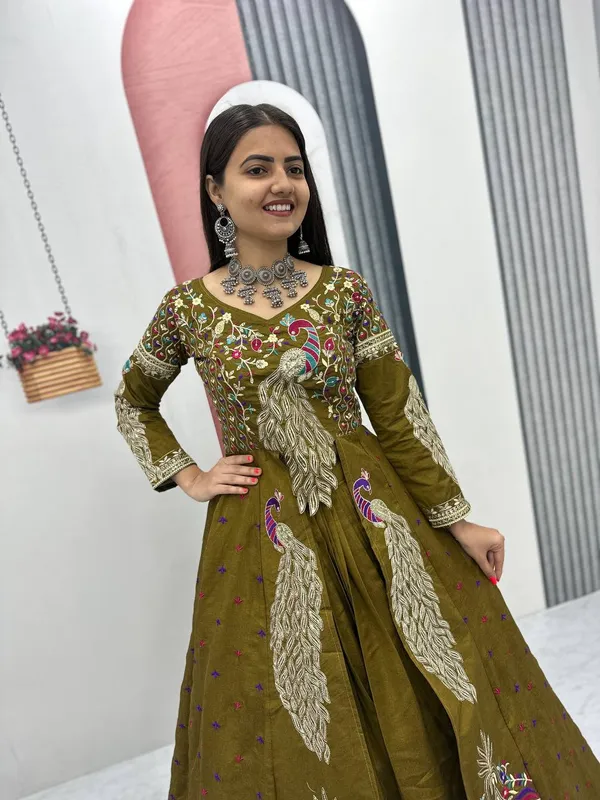 Rajkanika_Olive_Green_Embroidered_Long_Jacket_Style_Lehenga_Choli_Set