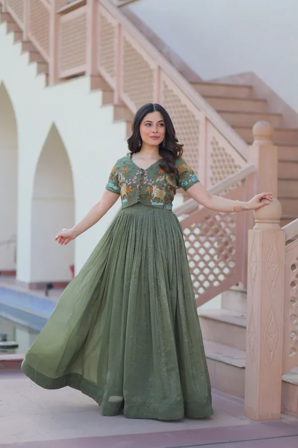 Olive_Green_Textured_Cotton_Silk_Koti-Gown_Set_For_Women_&_Girls