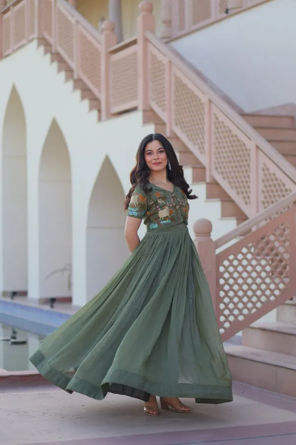 Olive_Green_Textured_Cotton_Silk_Koti-Gown_Set_For_Women_&_Girls