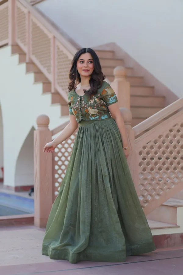 Olive_Green_Textured_Cotton_Silk_Koti-Gown_Set_For_Women_&_Girls