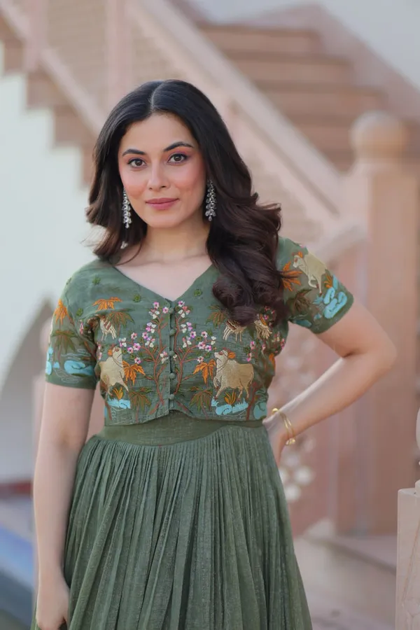 Olive_Green_Textured_Cotton_Silk_Koti-Gown_Set_For_Women_&_Girls