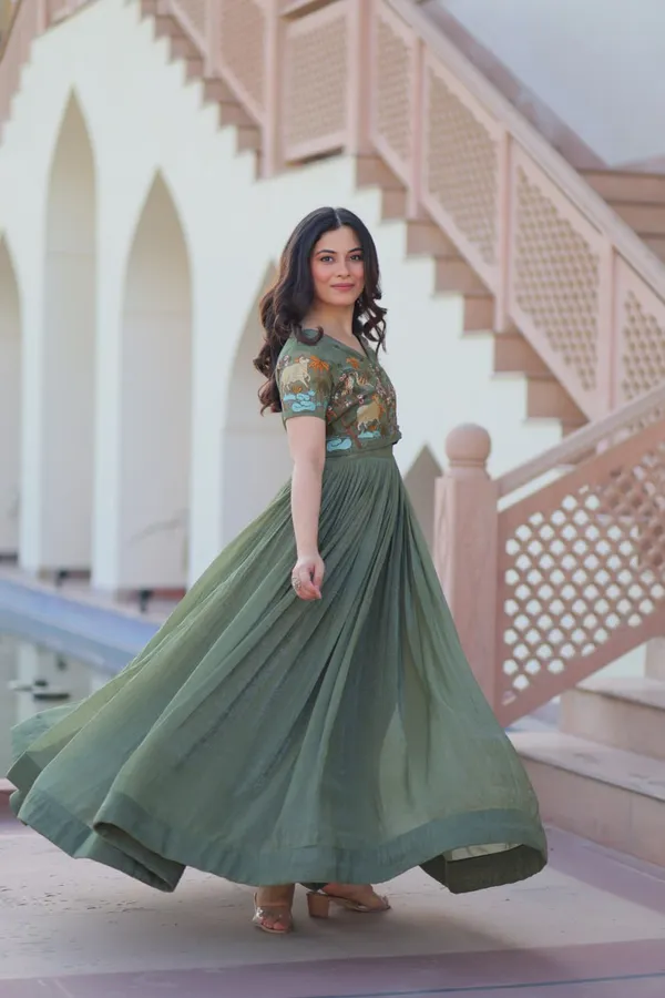 Olive_Green_Textured_Cotton_Silk_Koti-Gown_Set_For_Women_&_Girls