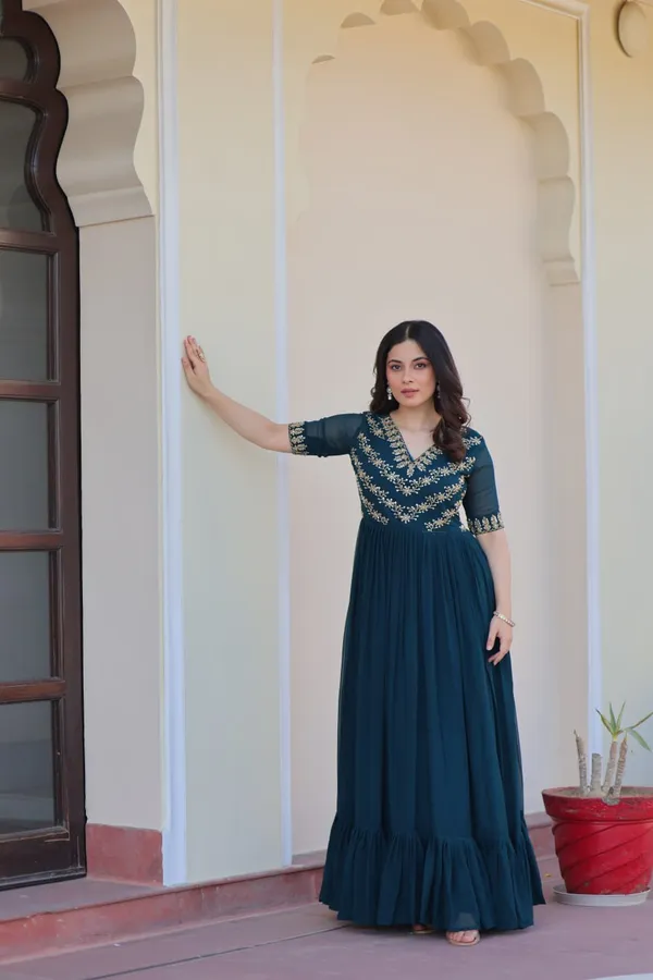 Teal_Blue_Georgette_Flared_Gown_For_Women_&_Girls