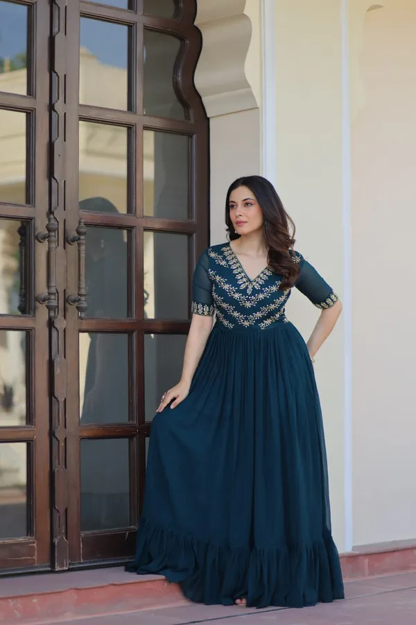 Teal_Blue_Georgette_Flared_Gown_For_Women_&_Girls