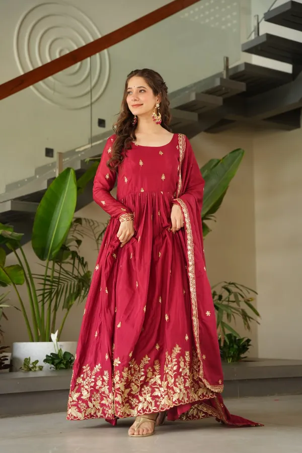 Wine_Red_Silk_Blend_Anarkali_Gown_With_Grand_Gold_Work_For_Women_&_Girls