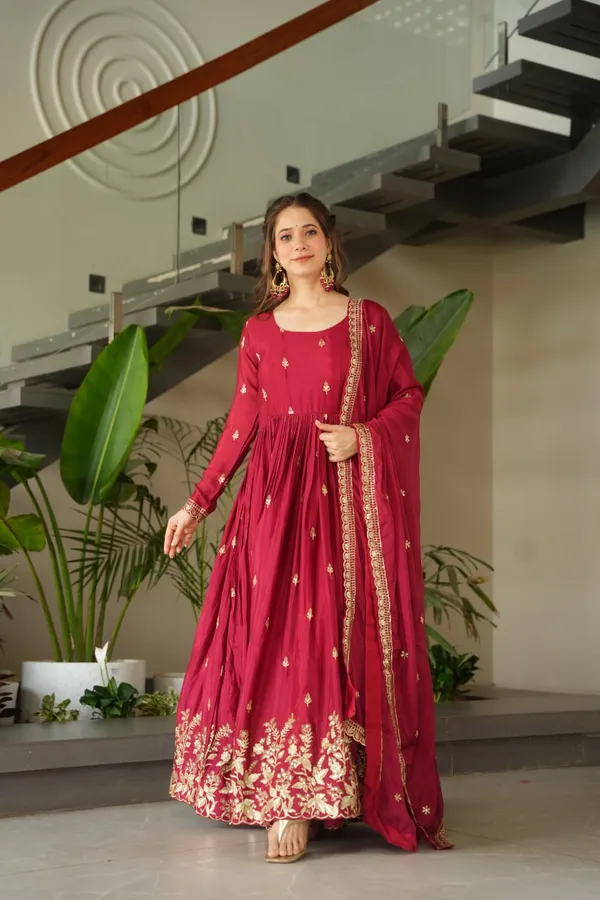 Wine_Red_Silk_Blend_Anarkali_Gown_With_Grand_Gold_Work_For_Women_&_Girls