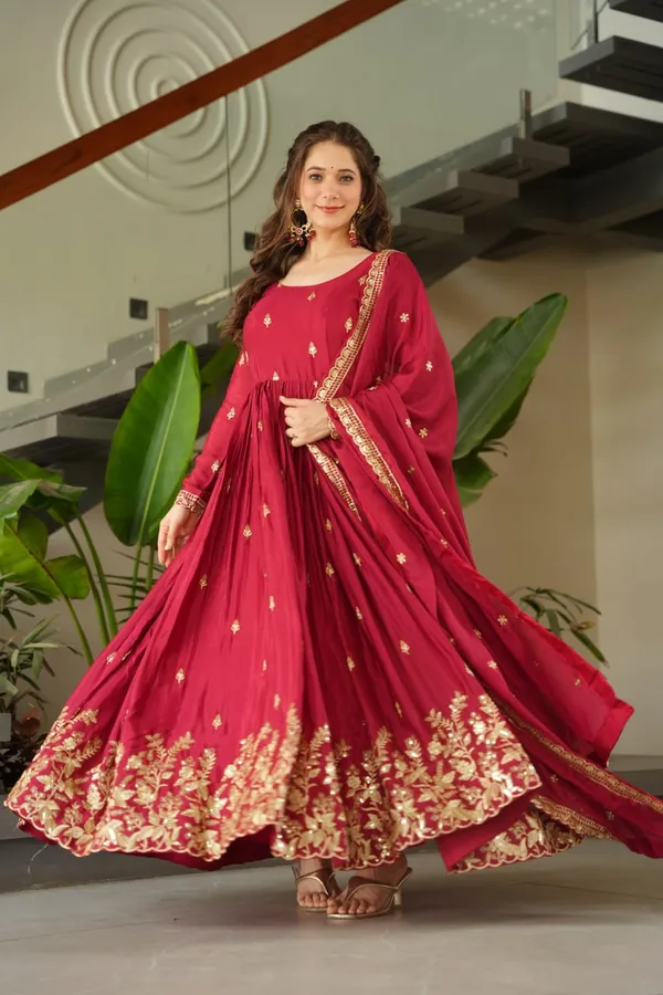 Wine_Red_Silk_Blend_Anarkali_Gown_With_Grand_Gold_Work_For_Women_&_Girls