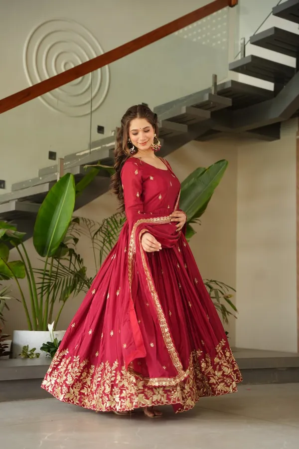 Wine_Red_Silk_Blend_Anarkali_Gown_With_Grand_Gold_Work_For_Women_&_Girls