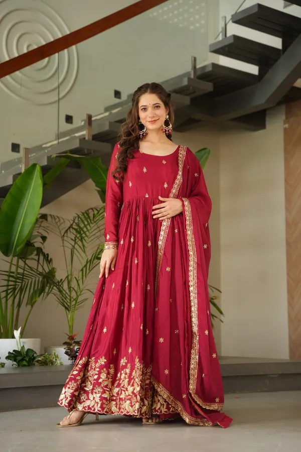 Wine_Red_Silk_Blend_Anarkali_Gown_With_Grand_Gold_Work_For_Women_&_Girls