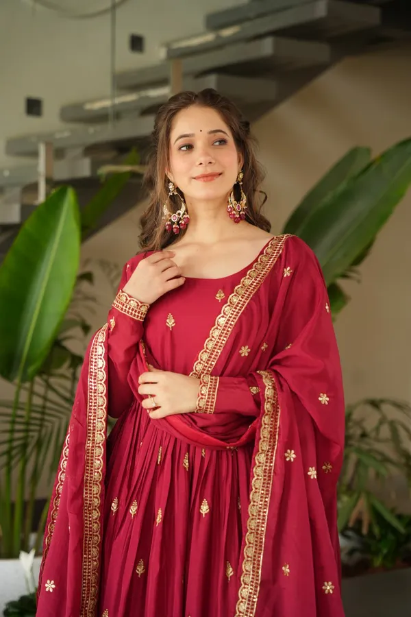 Wine_Red_Silk_Blend_Anarkali_Gown_With_Grand_Gold_Work_For_Women_&_Girls