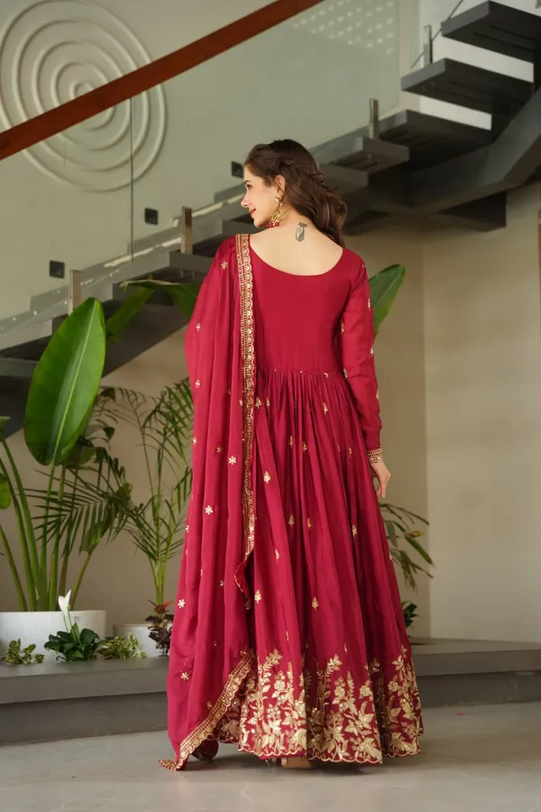 Wine_Red_Silk_Blend_Anarkali_Gown_With_Grand_Gold_Work_For_Women_&_Girls