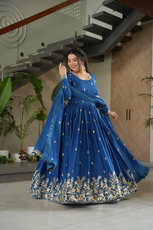 Royal_Blue_Silk_Blend_Gown_With_Golden_Floral_Work_For_Women_&_Girls