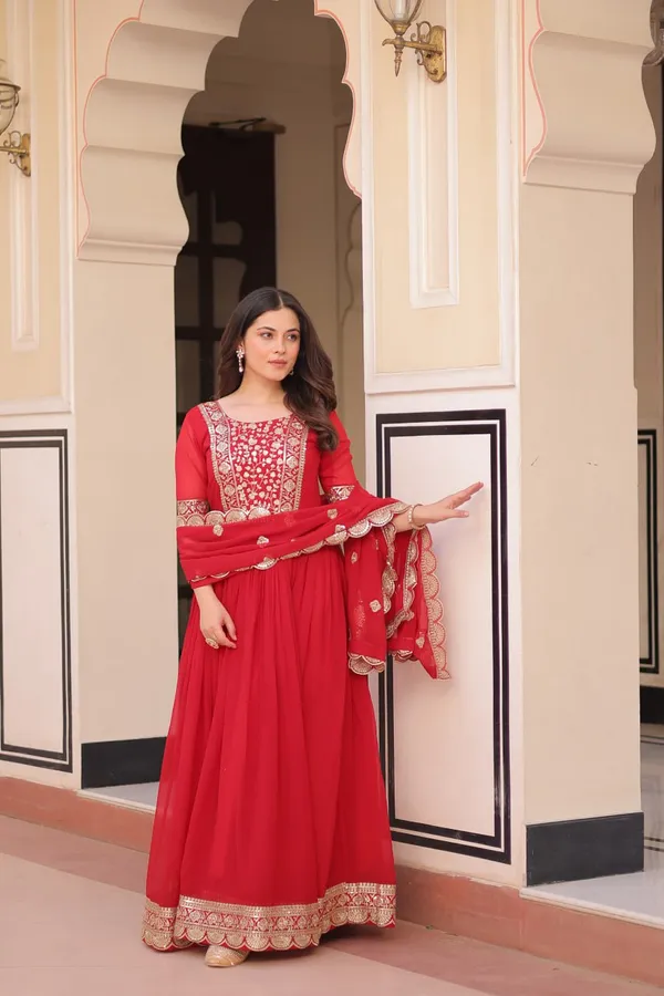Bright_Red_Chiffon_Gown_With_Gota_Work_Dupatta_For_Women_&_Girls