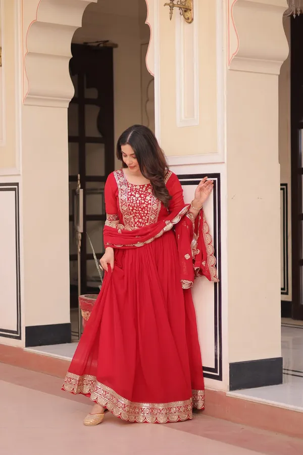 Bright_Red_Chiffon_Gown_With_Gota_Work_Dupatta_For_Women_&_Girls