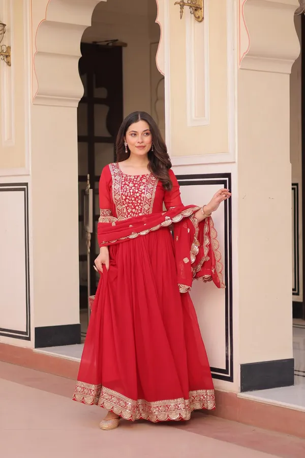 Bright_Red_Chiffon_Gown_With_Gota_Work_Dupatta_For_Women_&_Girls