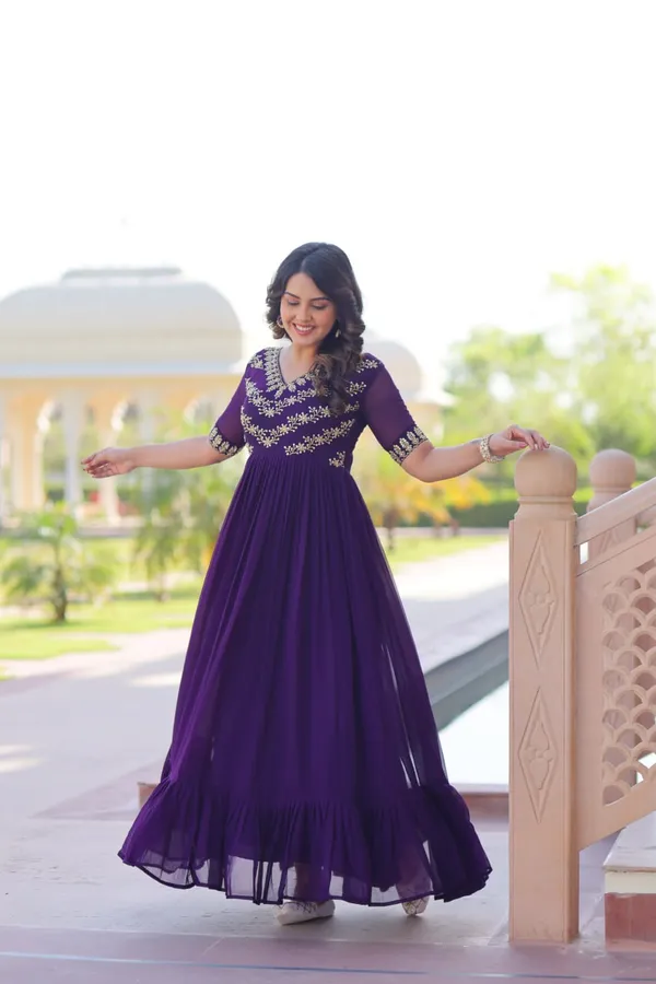Royal_Purple_Georgette_Ruffle_Gown_For_Women_&_Girls