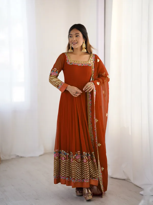 Sunset_Orange_Georgette_Embroidered_Anarkali_Set_With_Dupatta_For_Women_&_Girls