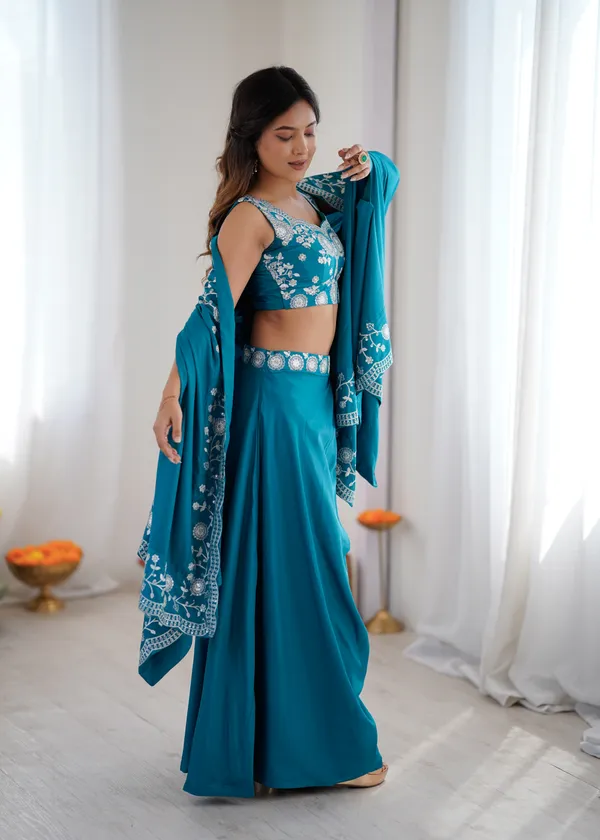 Teal_Blue_Embroidered_Pre-Draped_Saree_with_Designer_Blouse_&_Dupatta_Set_for_Women