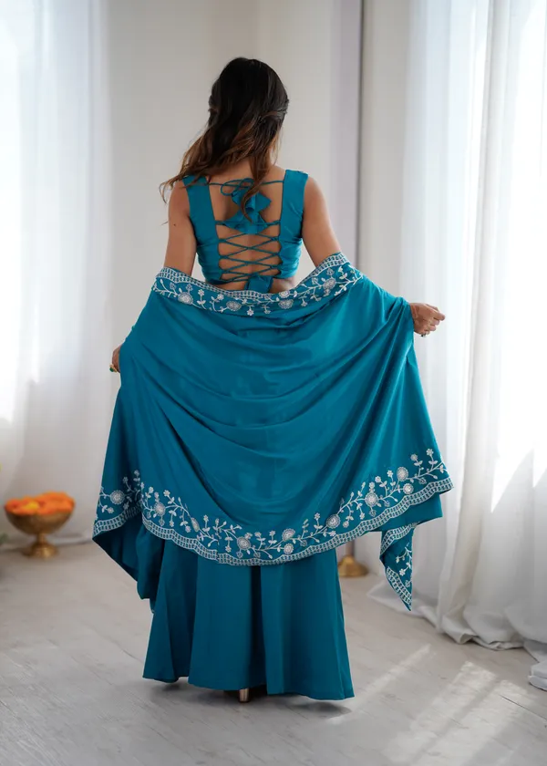 Teal_Blue_Embroidered_Pre-Draped_Saree_with_Designer_Blouse_&_Dupatta_Set_for_Women