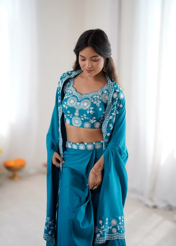 Teal_Blue_Embroidered_Pre-Draped_Saree_with_Designer_Blouse_&_Dupatta_Set_for_Women