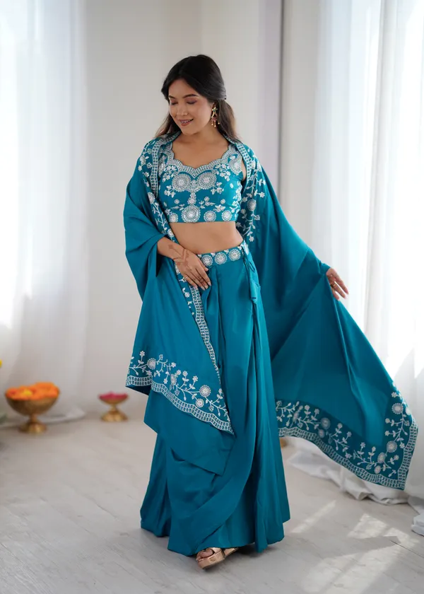 Teal_Blue_Embroidered_Pre-Draped_Saree_with_Designer_Blouse_&_Dupatta_Set_for_Women