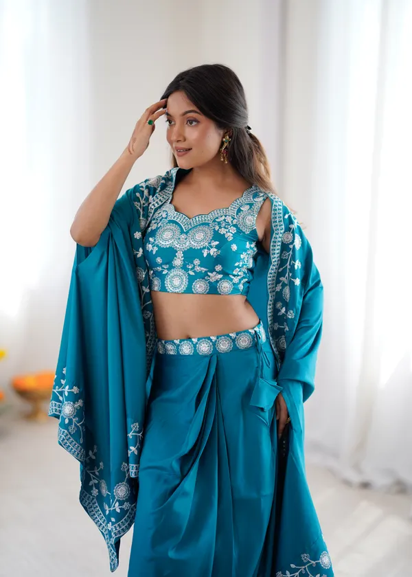 Teal_Blue_Embroidered_Pre-Draped_Saree_with_Designer_Blouse_&_Dupatta_Set_for_Women