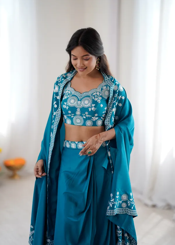 Teal_Blue_Embroidered_Pre-Draped_Saree_with_Designer_Blouse_&_Dupatta_Set_for_Women