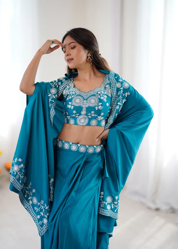 Teal_Blue_Embroidered_Pre-Draped_Saree_with_Designer_Blouse_&_Dupatta_Set_for_Women