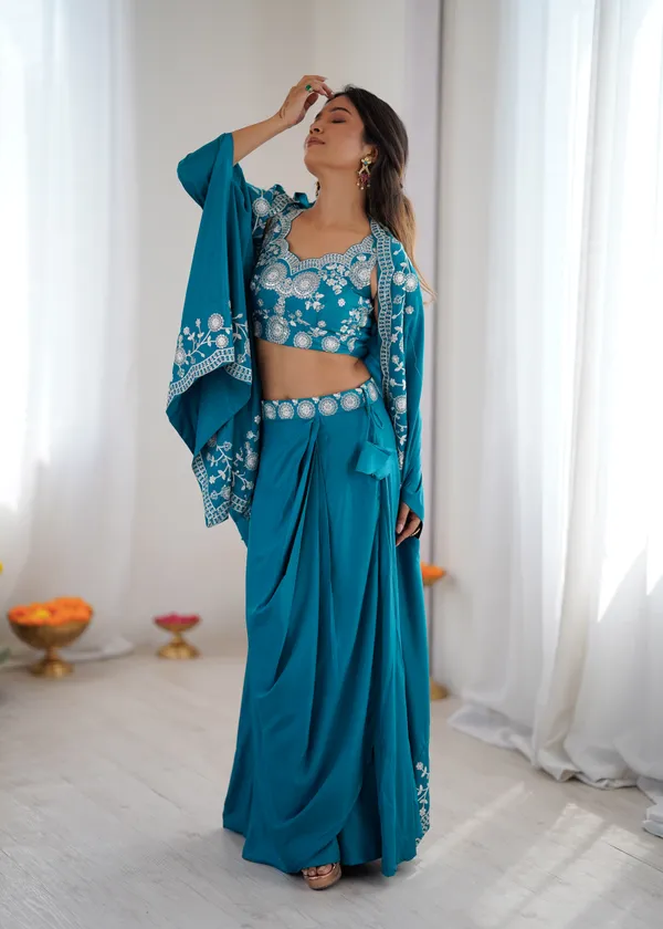 Teal_Blue_Embroidered_Pre-Draped_Saree_with_Designer_Blouse_&_Dupatta_Set_for_Women