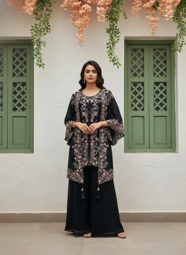Women’s_Black_Floral_Embroidered_Kurta_Set_with_Palazzo_&_Open_Cape