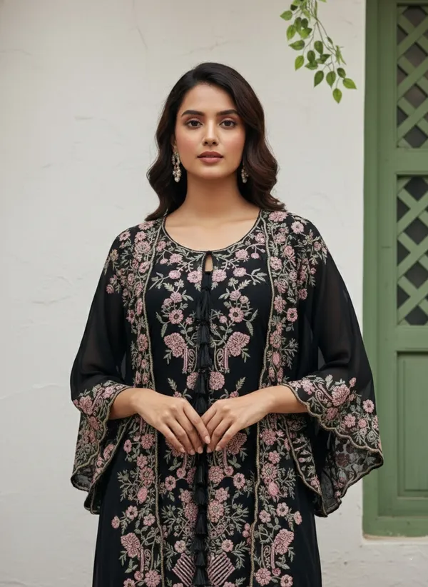 Women’s_Black_Floral_Embroidered_Kurta_Set_with_Palazzo_&_Open_Cape