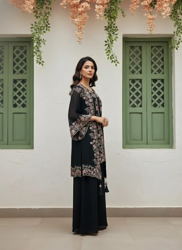 Women’s_Black_Floral_Embroidered_Kurta_Set_with_Palazzo_&_Open_Cape