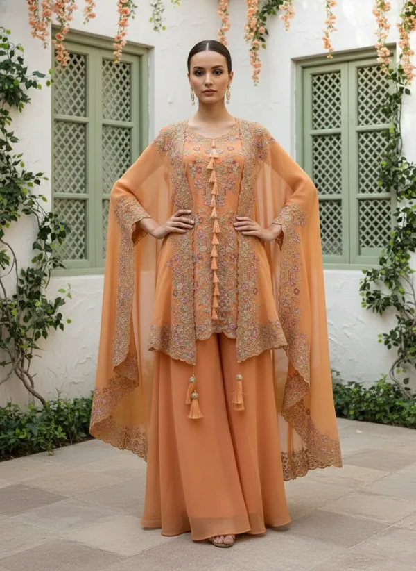 Women’s_Orange_Floral_Embroidered_Kurta_Set_with_Palazzo_&_Cape_Dupatta