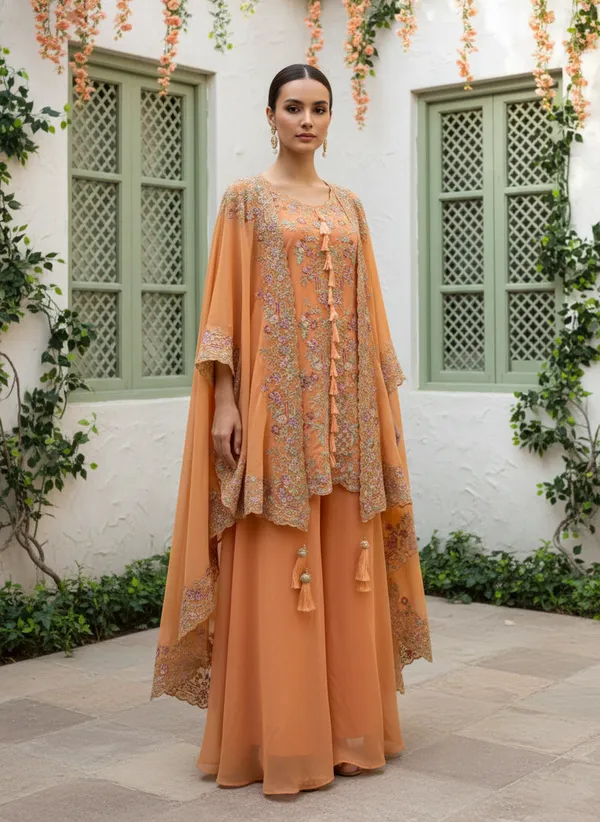 Women’s_Orange_Floral_Embroidered_Kurta_Set_with_Palazzo_&_Cape_Dupatta
