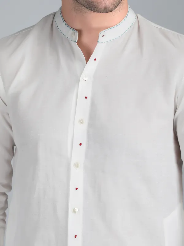 White_Pure_Linen_Hand_Embroidered_Kurta_With_Pants_For_Men