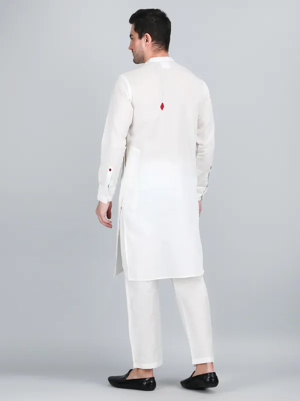 White_Pure_Linen_Hand_Embroidered_Kurta_With_Pants_For_Men