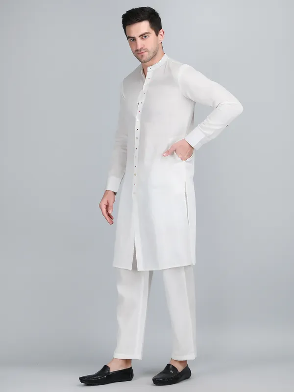 White_Pure_Linen_Hand_Embroidered_Kurta_With_Pants_For_Men