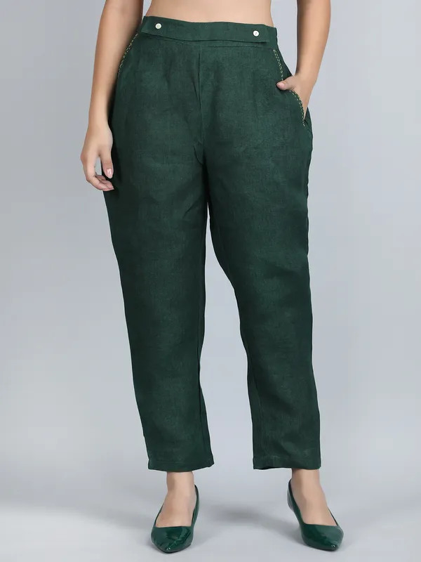 Green_Pure_Linen_Hand_Embroidered_Pants_For_Women