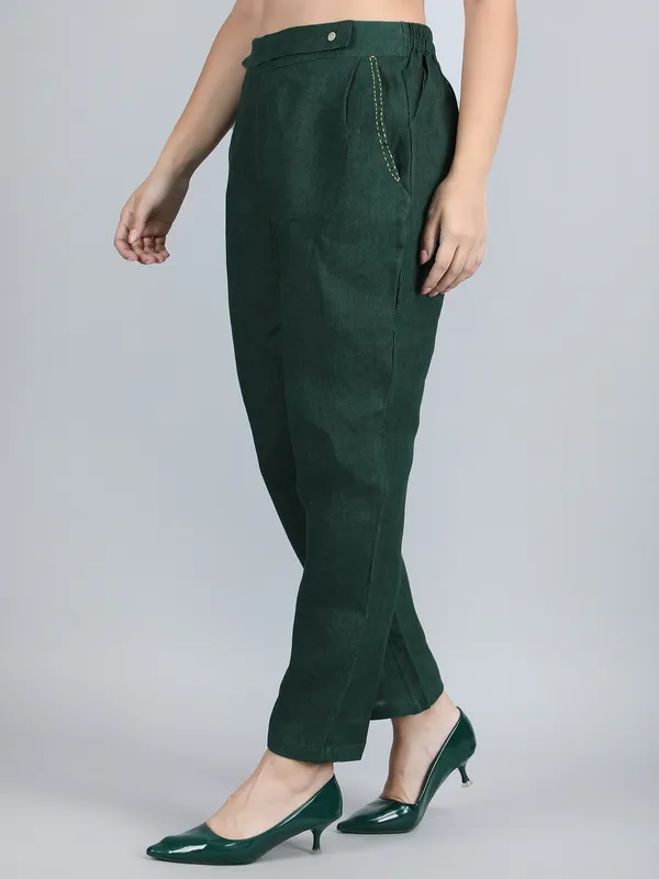 Green_Pure_Linen_Hand_Embroidered_Pants_For_Women