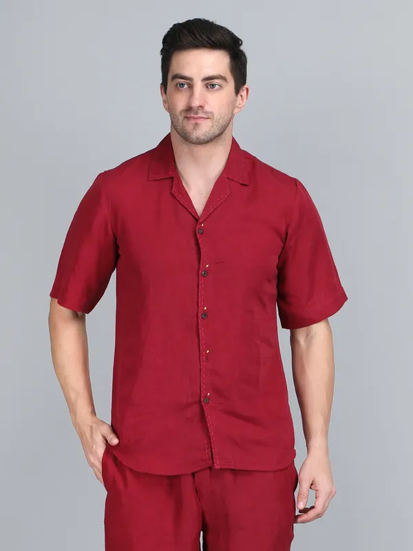 Maroon_Pure_Linen_Hand_Embroidered_Half_Sleeve_Shirt_For_Men