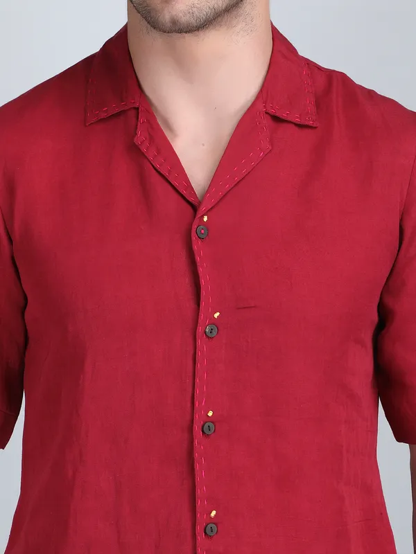 Maroon_Pure_Linen_Hand_Embroidered_Half_Sleeve_Shirt_For_Men