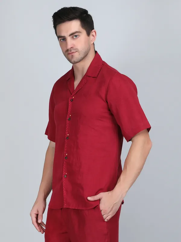 Maroon_Pure_Linen_Hand_Embroidered_Half_Sleeve_Shirt_For_Men