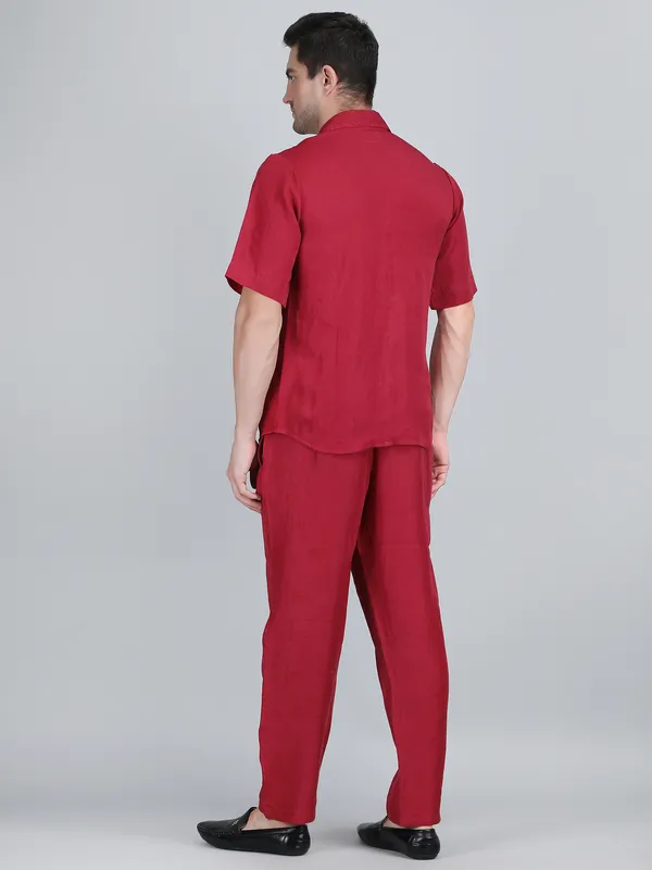Maroon_Pure_Linen_Hand_Embroidered_Shirt_With_Pants_Co-Ord_Set_For_Men
