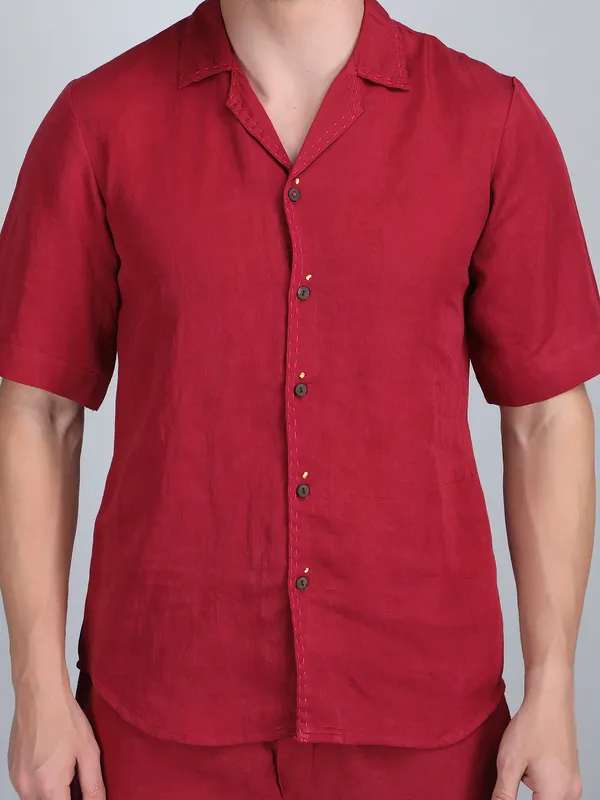 Maroon_Pure_Linen_Hand_Embroidered_Shirt_With_Pants_Co-Ord_Set_For_Men