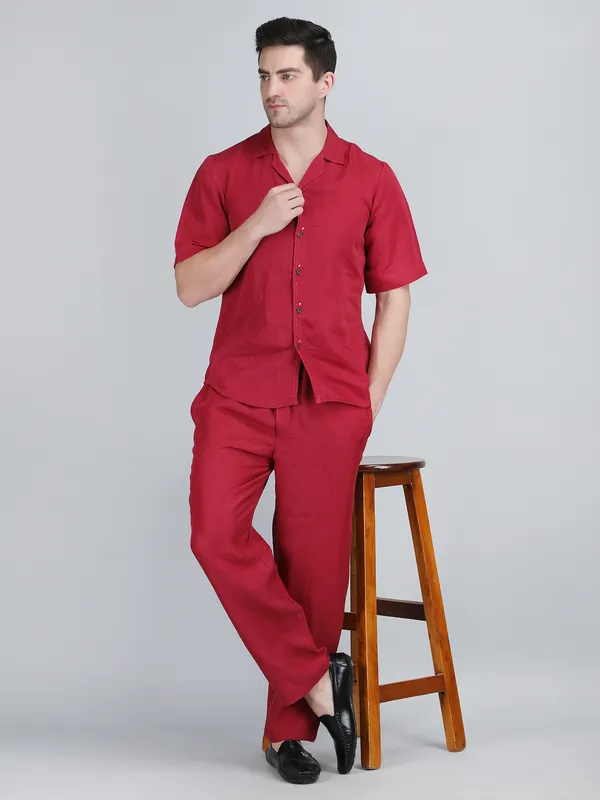 Maroon_Pure_Linen_Hand_Embroidered_Shirt_With_Pants_Co-Ord_Set_For_Men