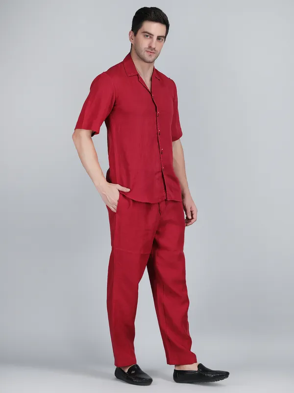 Maroon_Pure_Linen_Hand_Embroidered_Shirt_With_Pants_Co-Ord_Set_For_Men