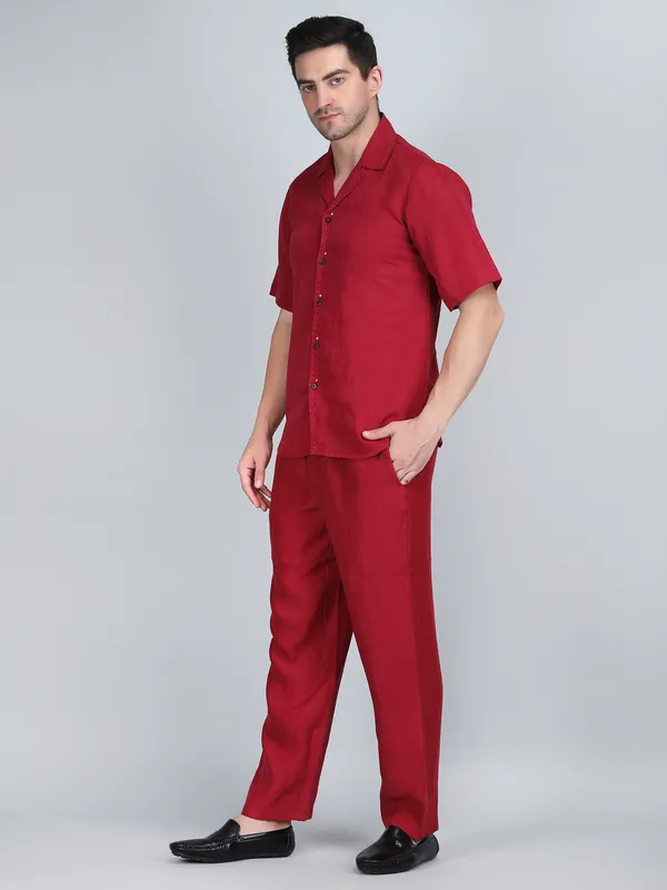 Maroon_Pure_Linen_Hand_Embroidered_Shirt_With_Pants_Co-Ord_Set_For_Men