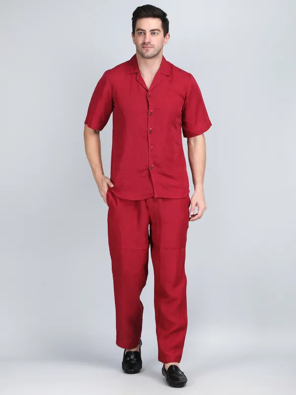 Maroon_Pure_Linen_Hand_Embroidered_Shirt_With_Pants_Co-Ord_Set_For_Men